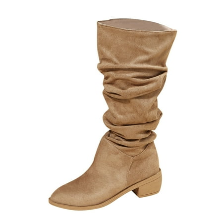 

Puawkoer Fashion Autumn And Winter Women Mid Calf Boots Low Heel Pointed Solid Color Suede Slip On Comfortable