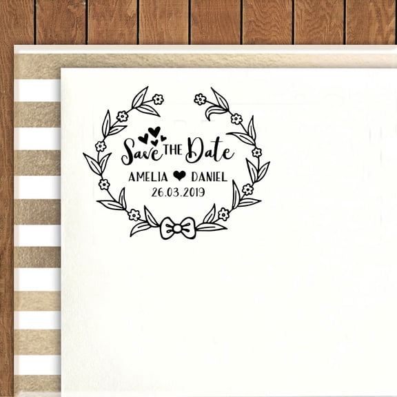 Printtoo Self Inking Round Custom Save The Date Rubber Stamp Floral Wreath Personalized Stamper Gift Idea