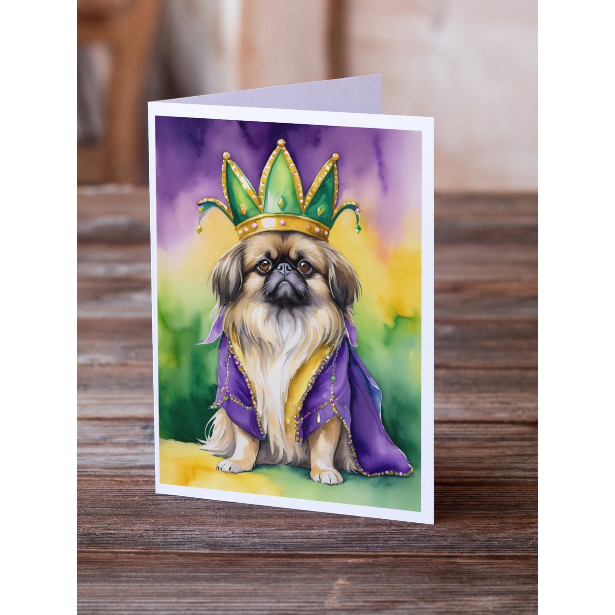 Pekingese King of Mardi Gras Greeting Cards Pack of 8 7 in x 5 in