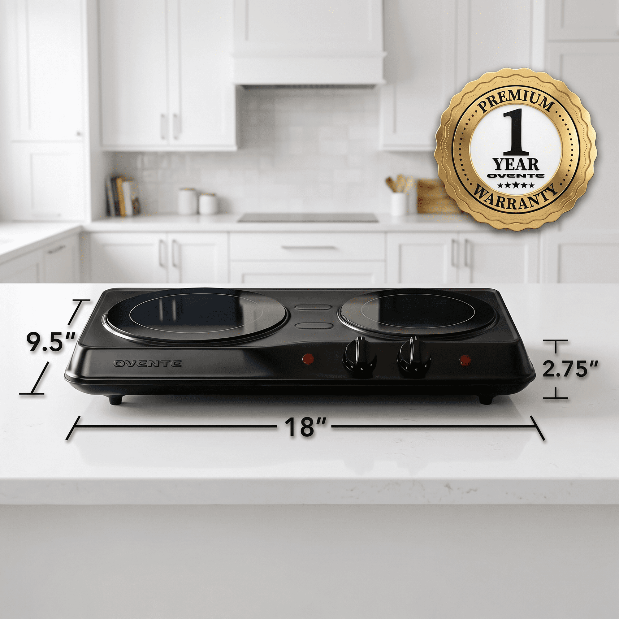 OVENTE Electric Infrared Double Burner, 1700W Hot Plate, Black BGI102B | Portable Stove with 7.75" and 6.75" Ceramic Glass Cooktop, 5 Level Temperature Setting and Easy to Clean Base