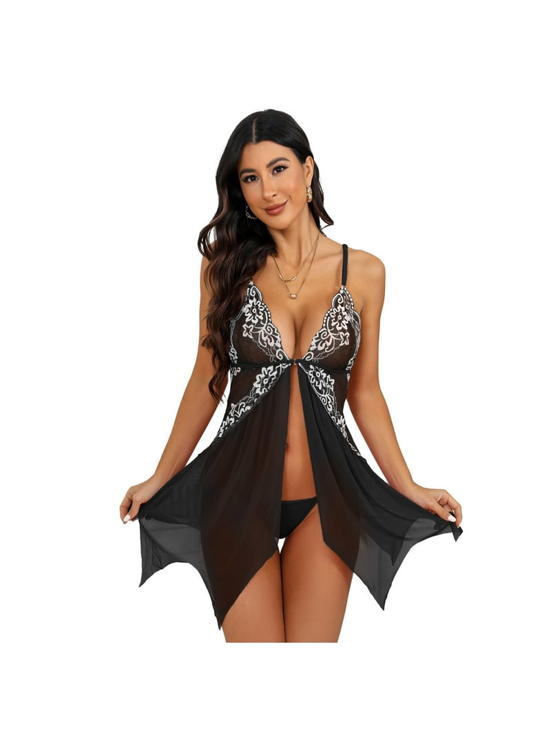 CaiDieNu Lingerie for Women Front Closure Lace Babydoll Lingerie Sets  Womens Lingerie - Black
