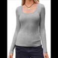 thumbnail image 3 of Camisas de Larga con Cuello Redondo para Mujer, Blusas Informales de Punto Acanalado de Corte Ajustado, Camisetas Básicas de Trabajo para Verano y Otoño. Gris L, 3 of 9