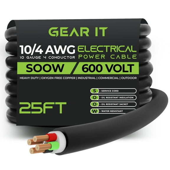 GearIT 10/4 10 AWG Portable Power Cable (25 Feet - 4 Conductor) SOOW 600V 10 Gauge Electric Wire for Motor Leads, Portable lights, Battery Chargers, Stage Lights and Machinery -25ft Electrical Cord