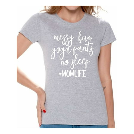 Awkward Styles Women's Messy Bun Yoga Pants No Sleep Momlife Hashtag Graphic T-shirt Tops White