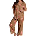 thumbnail image 3 of HAYIMI Women Christmas 2 Piece Pajama Set, Short Sleeve Lapel Button-Down Tops And Pants Set, Xmas Print Loungewear Sleepwear For Relaxed Evenings, 3 of 7
