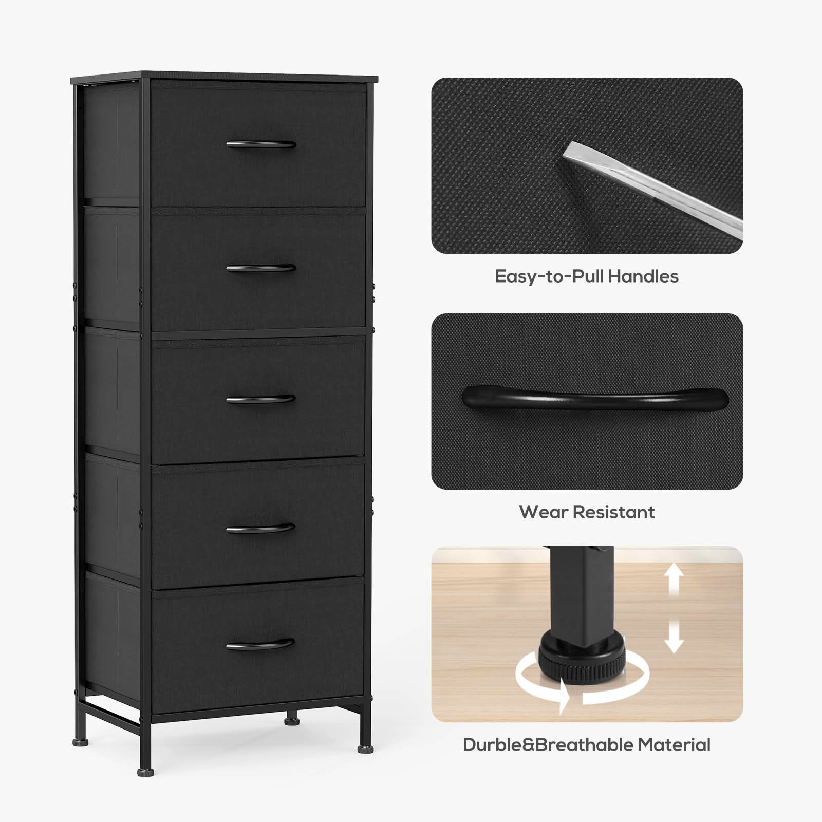 MAYEERTY 5 Drawer Fabric Dresser with Wooden Top, Steel Frame Storage Chest Organizer for Bedroom Nursery Entryway