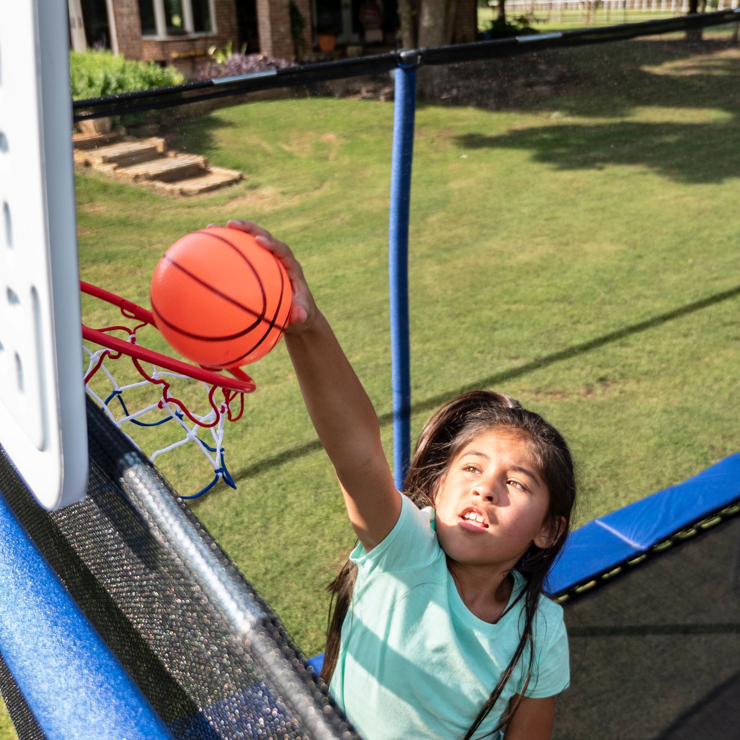 Jumpking Rectangle 10' x 15' Trampoline, with 2 Basketball Hoops, Footstep, and Court Print, Blue/Yellow