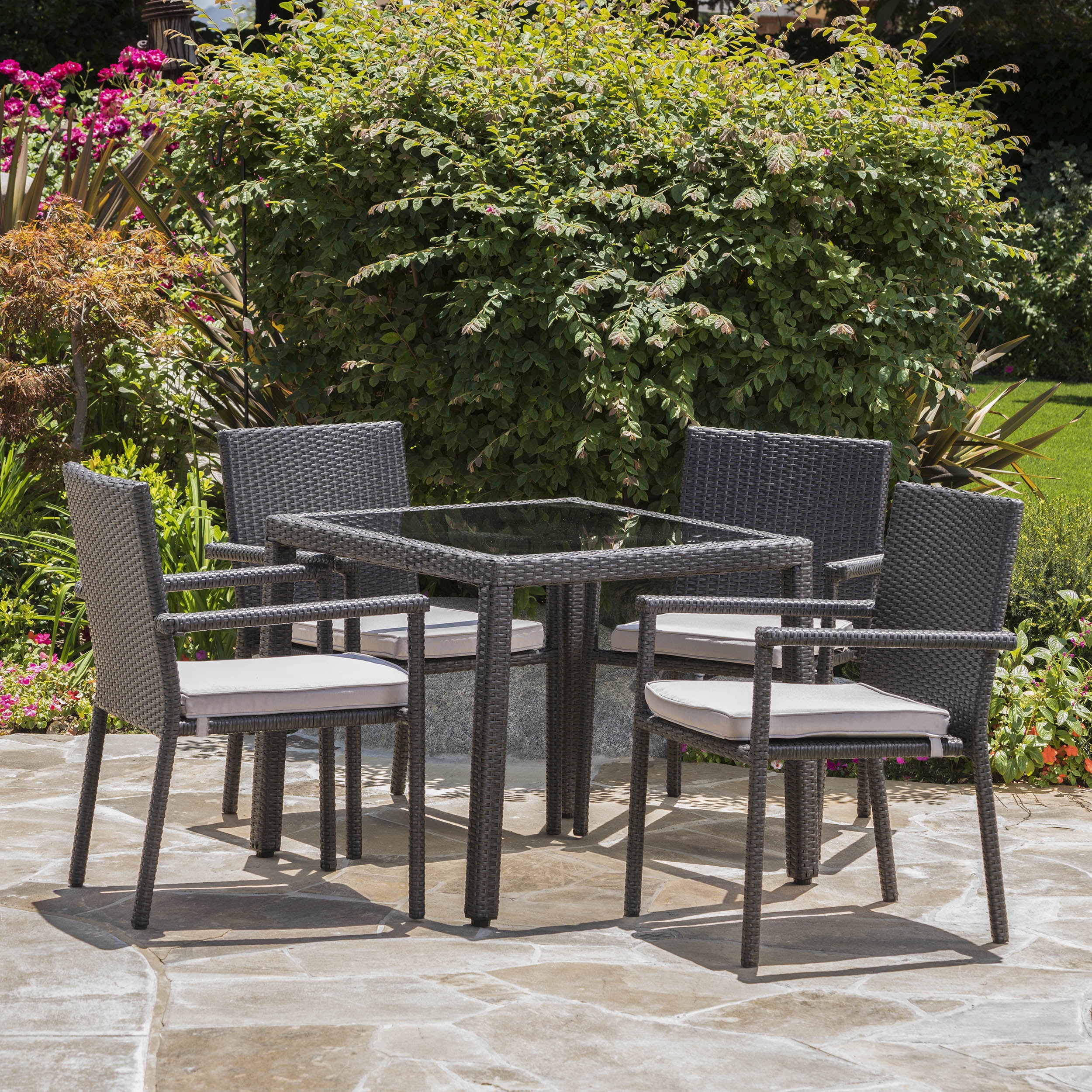 Porto Outdoor 5 Piece Square Wicker Dining Set with Cushions, Grey, Silver