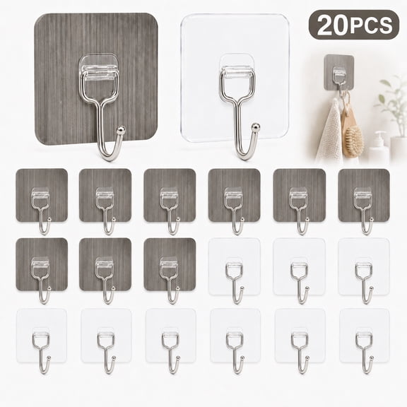 Sherry 20 Pcs Large Wall Hooks Plastic Adhesive Hooks 33lbs (Max) Heavy Duty Towel Hooks Waterproof Wall Hook for Kitchen Bathroom - Brushed/Clear