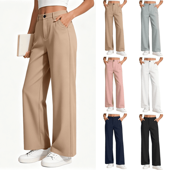 Hzzrkos Big Girls Casual Solid Color High Waist Loose Straight Long Wide Leg Trousers With Pockets for School Daily Work Business Occasions