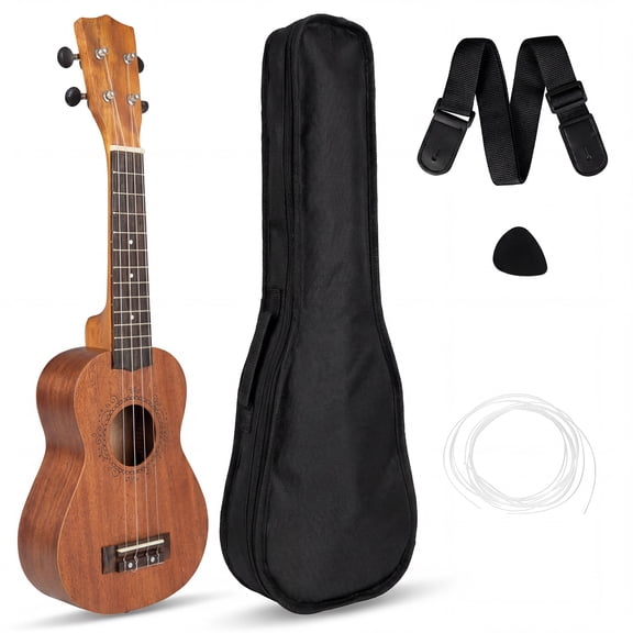 ELLEGNT Mahogany Soprano Ukulele – 21" Wooden Instrument Set with Gig Bag, Pick & Adjustable Strap, Natural