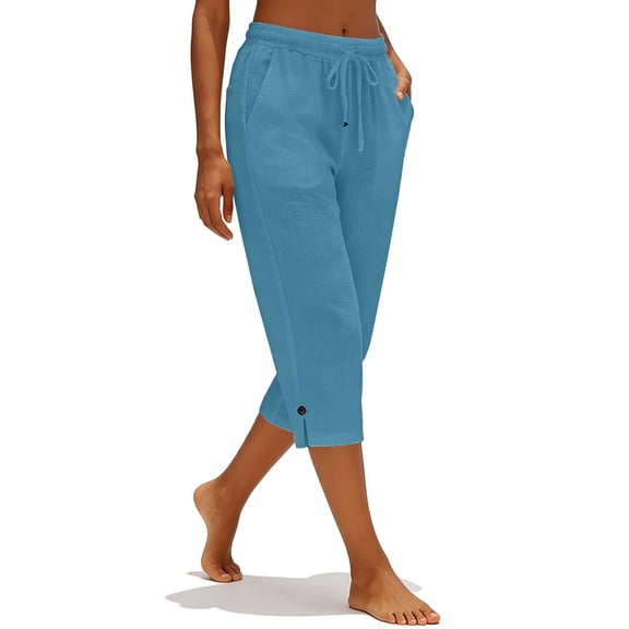 Summer Capris for Women Casual Summer Straight Leg Pants Elastic Waist Beach Cropped Pants with Pockets Blue S
