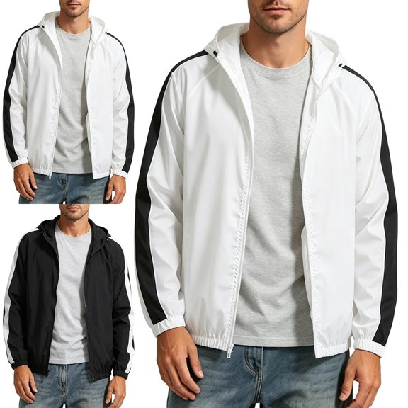 Zysthvn Athletic Mens Jacket Winter Outdoor Lightweight Sun Protection Coats for Men Full Zip Hiking with Pockets Hooded Color Block