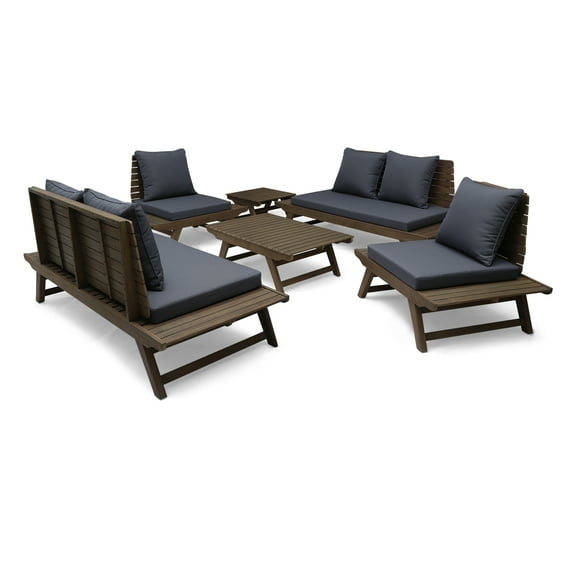 GDF Studio Bowie Outdoor Acacia Wood 6 Seater Chat Set and Side Table, Gray and Dark Gray