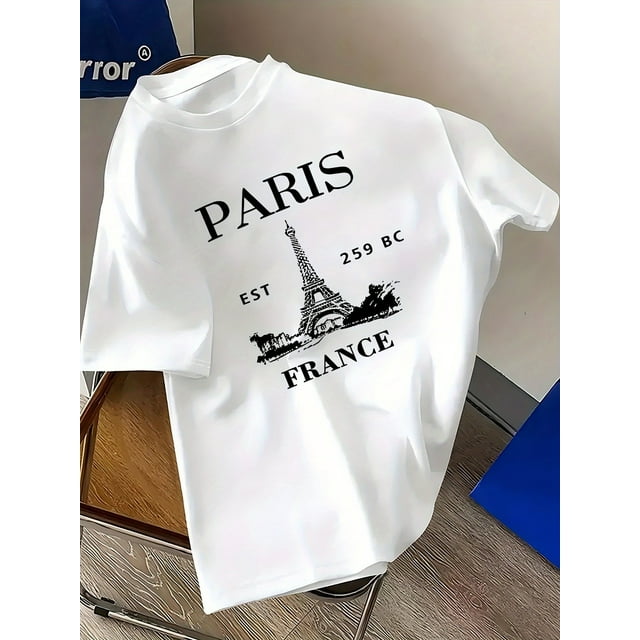 Men's Vintage-Inspired Paris Eiffel Tower Graphic T-Shirt - Navy Blue, Crew Neck, Short Sleeve, Machine Washable - Ideal for Casual & Sports Outings, Casual Sporty Tee, Comfy Tee