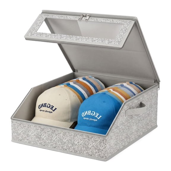 Clear Baseball Cap Organizer - Sturdy Hat Storage Box for Closet, Holds Up to 24 Hats, Wide Grey Container with Cardboard for Men's and Women's Caps
