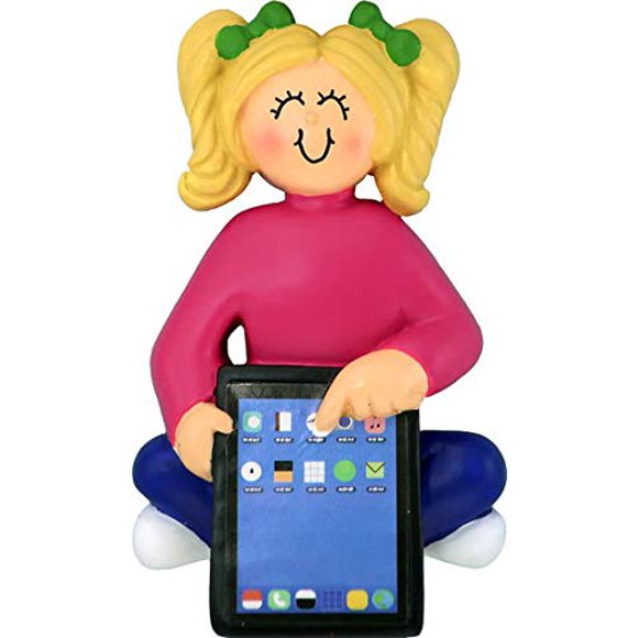 Ornament Central Female/Child Blonde with Tablet Ornament, Christmas, tag