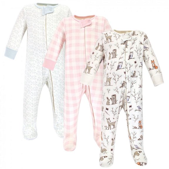 Hudson Baby Infant Girl Cotton Zipper Sleep and Play 3pk, Enchanted Forest, 0-3 Months