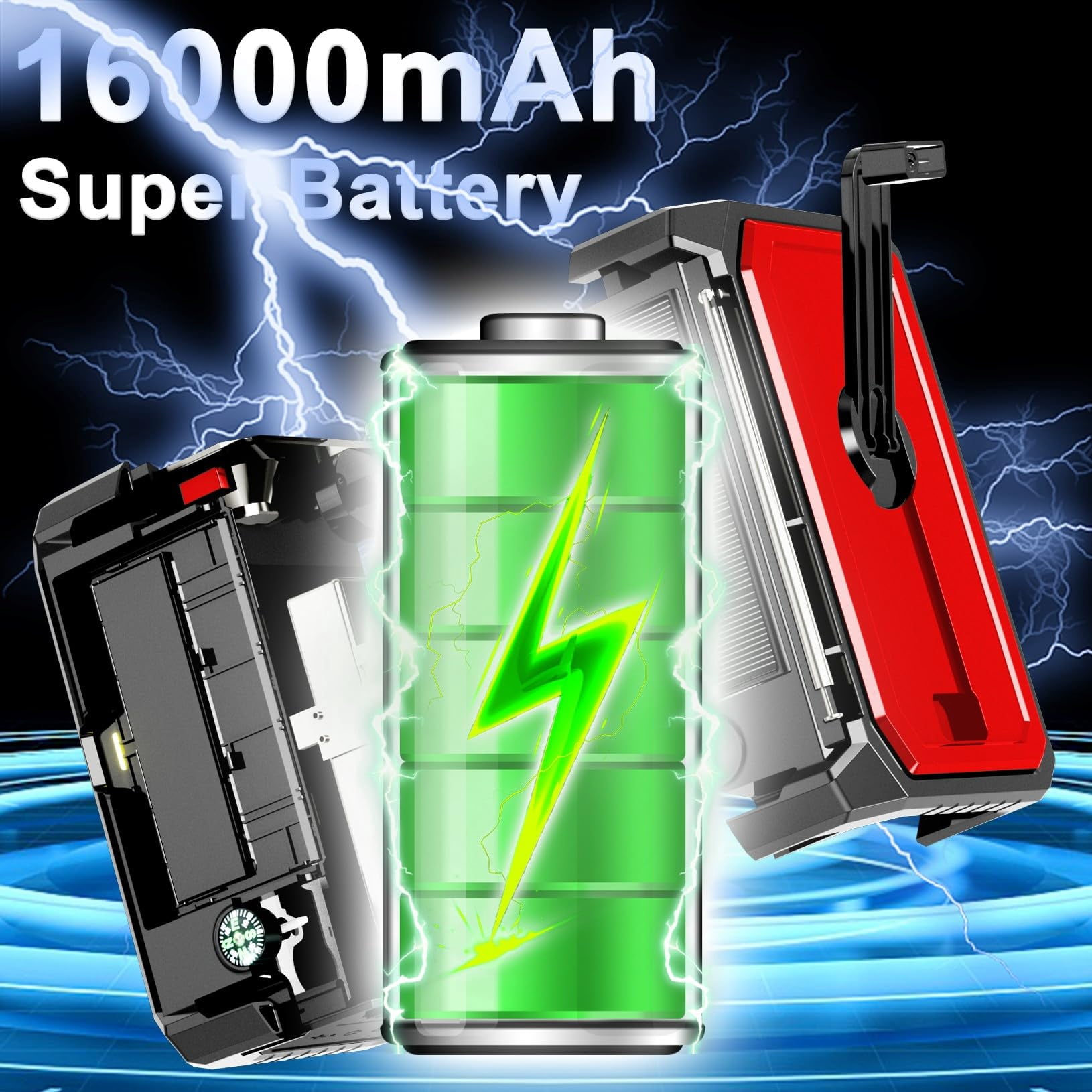 16000mah Hand Crank Emergency Weather Radio With Wireless  59200mwh Noaa Am Fm Solar Flashlight Cell Phone Reading Lamp Compass Sos For Camping And (red)