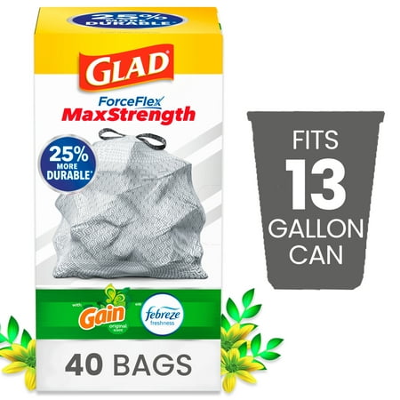 Glad ForceFlex MaxStrength 13 Gallon Tall Kitchen Drawstring Trash Bags, Gain Original, 40 Bags