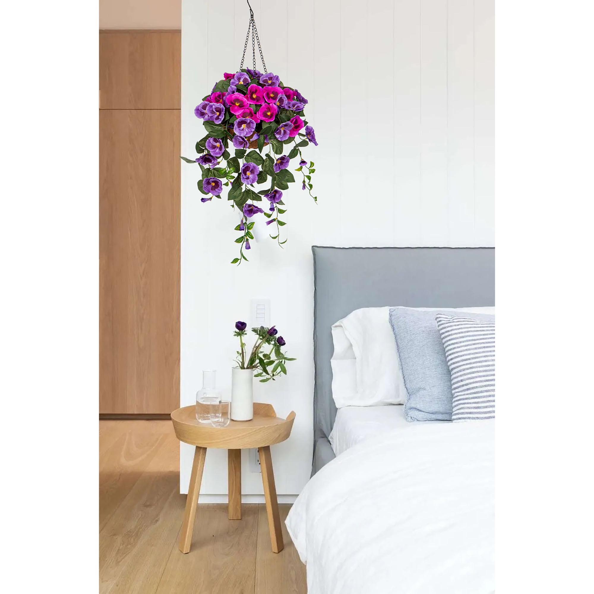Briful 27.6’’ Fake Flowers Hanging Basket, Pansy Artificial Flowers, Realistic Silk Spring Bloom Faux Flowers, 5.9’’ Coconut Basket, for Home Farmhouse Balcony Outdoor Patio Garden Decor