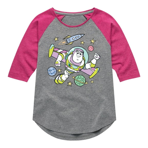 Disney - Buzz Space Collage - Toddler & Youth Girls Raglan Graphic T-Shirt