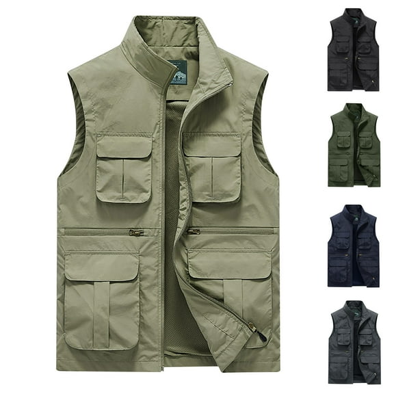 safuny Multiple Pockets Outdoor Sports Photography Jacket for Men Fashion Sleeveless Lightweight Athletic Casual Waistcoat Clearance Standing Collar Zipper Holiday Army Green
