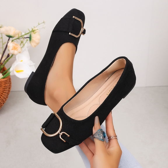 Samdudou Slip On Shoes for Women Closed Toe Square Front Faux Suede Ballet Flats Statement Metallic D-Ring Buckle Decor Elegant Office Work Business Casual Footwear