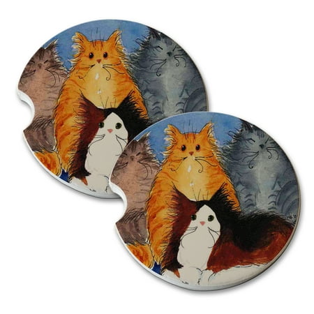 

KuzmarK Sandstone Car Drink Coaster (set of 2) - Tabby and Calico Maine Coon Kitties Abstract Cat Art by Denise Every