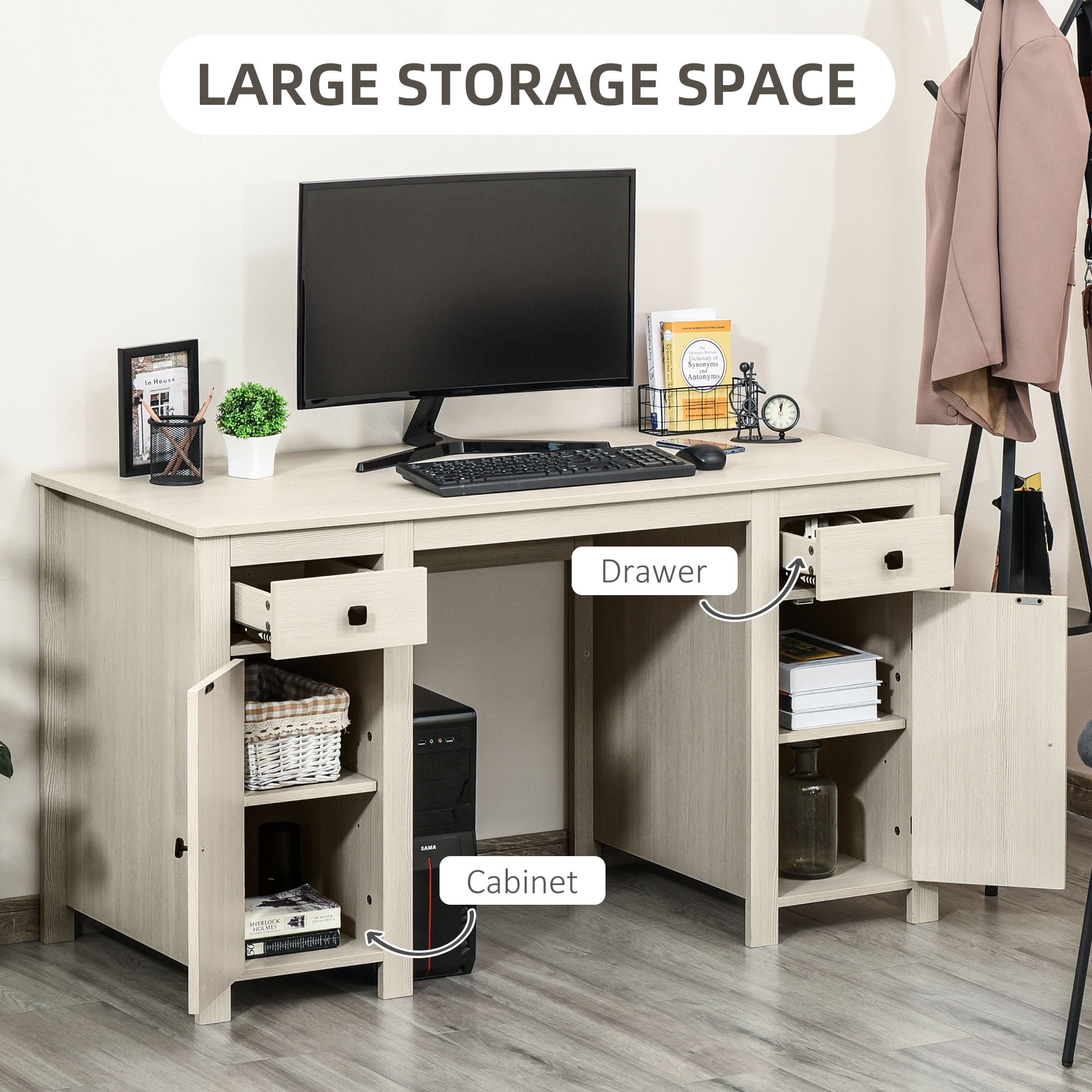 HomCom Farm Style Home Office Computer Desk with 2 Drawers, 2 Cabinets with Metal Accent Hardware, White