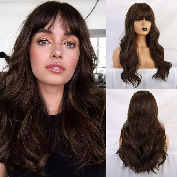 IFENG Brown Wig with Bangs Long Brown Wigs for Women Natural Wavy Brunette Wigs Heat Resistant Fiber Synthetic Brown Wigs for Daily Party Dark Ashy
