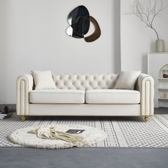 Miekor Furniture 86" W Luxury Modern Tufted Sofa with 2pcs of toss pillows for Living Room ,Bedroom,Beige Color MK3272