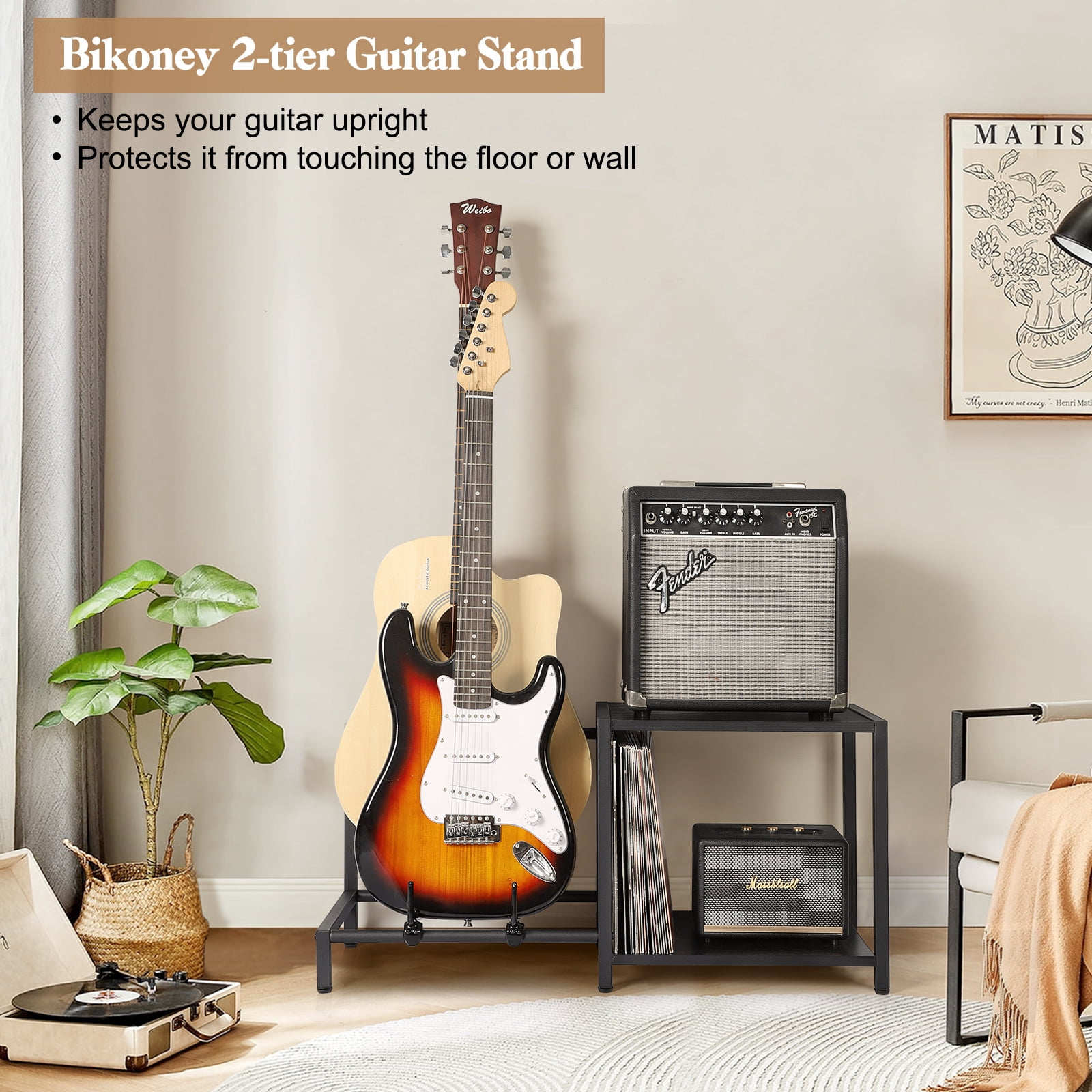 Olakee 3-Piece Floor Guitar Stand with Amp Support, Adjustable for Multiple Electric Guitars and Accessories, Wood & Metal, Black