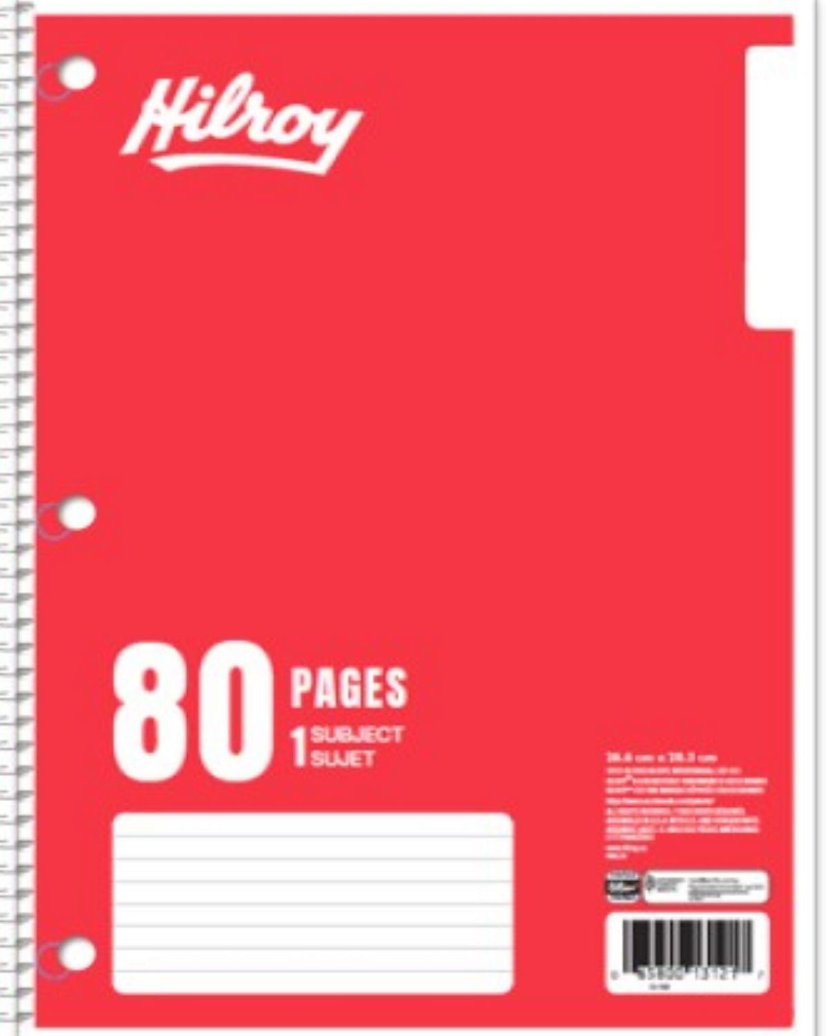 Hilroy® Coil Notebooks 3 Hole with Margin 1 Subject, 10-½ X 8, 80 Pages, 1 Subject Notebook