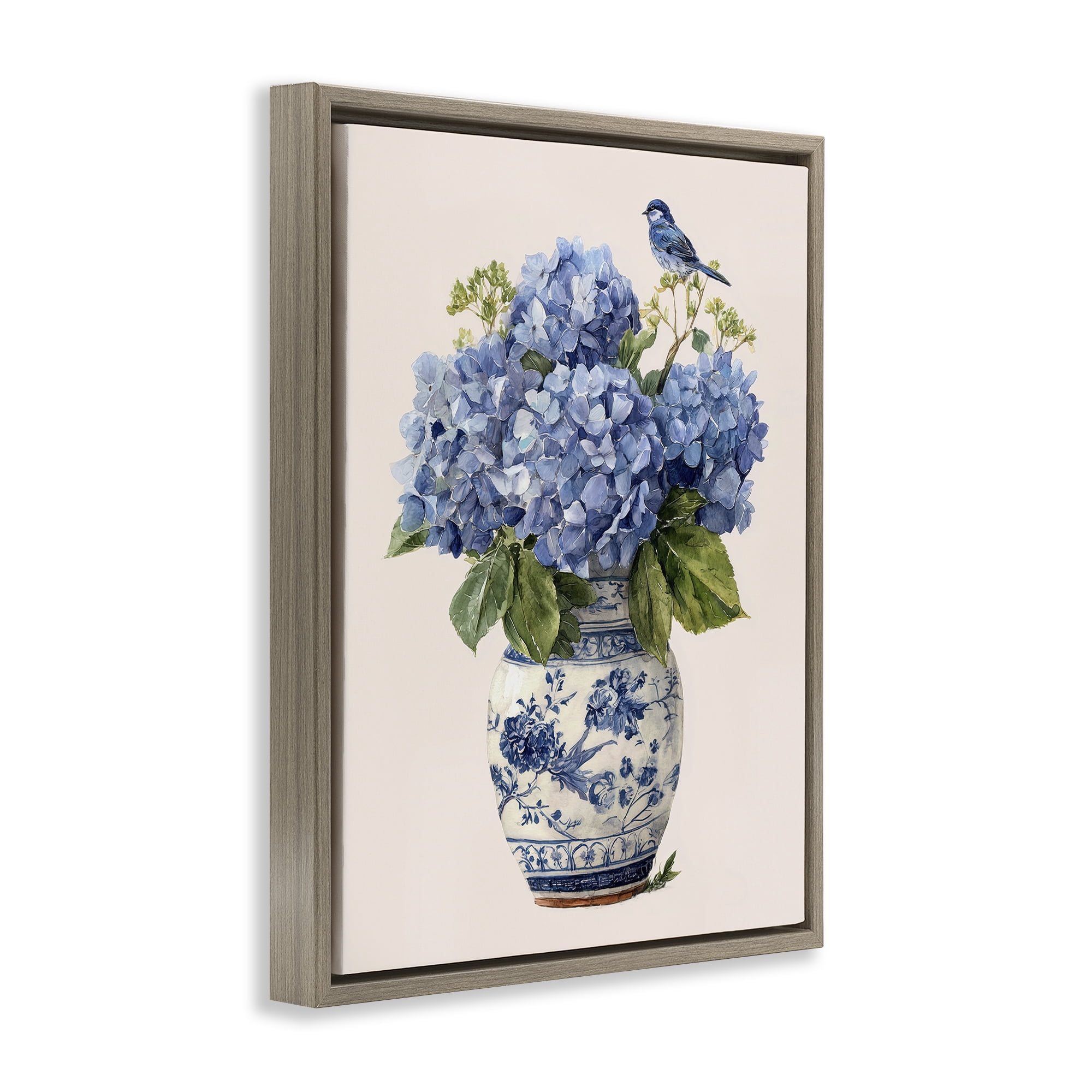 Stupell Industries Songbird Perched on Hydrangeas Brown Framed Floater Canvas Wall Art, design by Imagine It Images