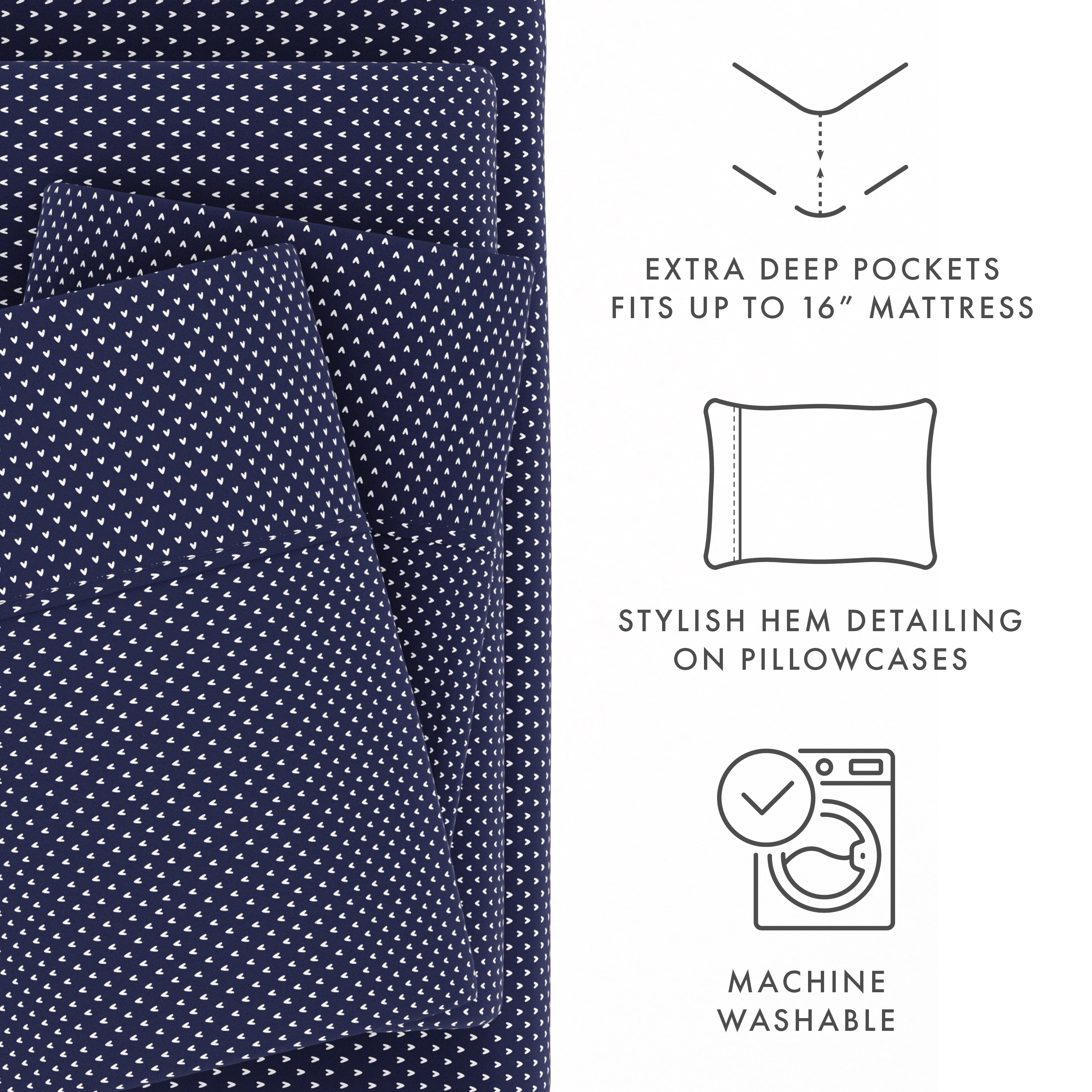 Noble Linens 4 Piece Pattern Microfiber Bed Sheets Set, Navy My Heart, Full