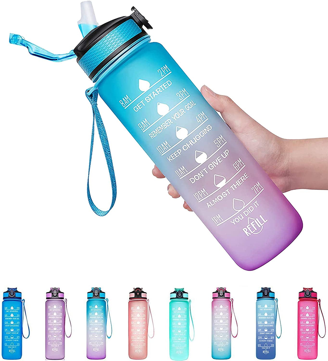 Pink/Green Gradient, 32oz For Gym Outdoor BPA Free Tritan Plastic Leakproof Flip Top Office Work Y&3 32oz Motivational Fitness Sports Water Bottle With Time Marker 