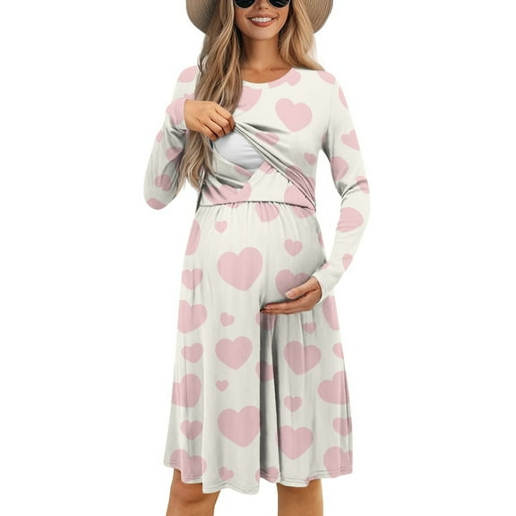 SCRAWLGOD Pink Heart Women Maternity Dress Long Sleeve Nursing Dresses Breastfeeding Size S Round Neck Knee Length Dress for Women with Sleeves Elastic Women's Dresses Fall