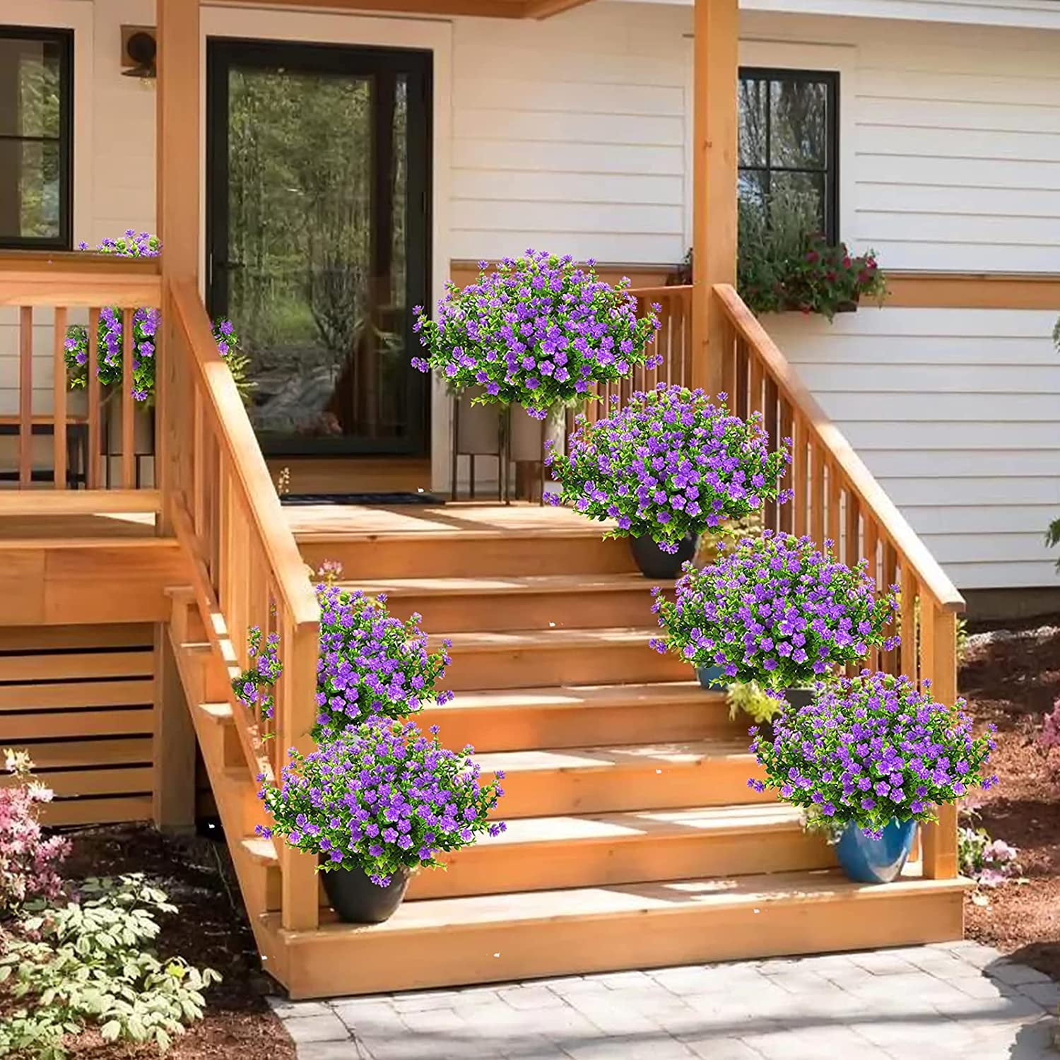 Outdoor Artificial Plant Flower UV Resistant Fake Stems Plants, Faux Shrubs Outdoor Greenery Plastic Plants for Outside Plants Garden Porch Window Home Wedding Farmhouse Patio Decor (Purple)