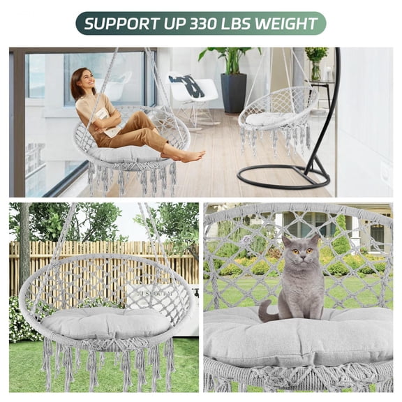 Macrame Hammock Chair Swing with Side Pocket, Grey Hand Woven Cotton Rope Hanging Chair, 330 lbs Capacity for Indoor Outdoor Patio Balcony