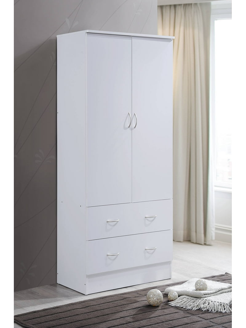 Hodedah Two Door Wardrobe with Two Drawers and Hanging Rod, White