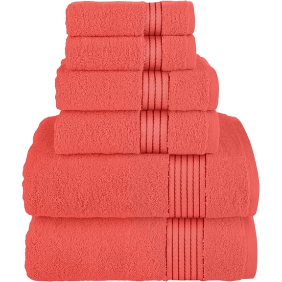 6 Piece Towel Set, 100% Turkish Cotton Soft Absorbent Towels for Bathroom, 2 Bath Towels 2 Hand Towels 2 Washcloths, Coral