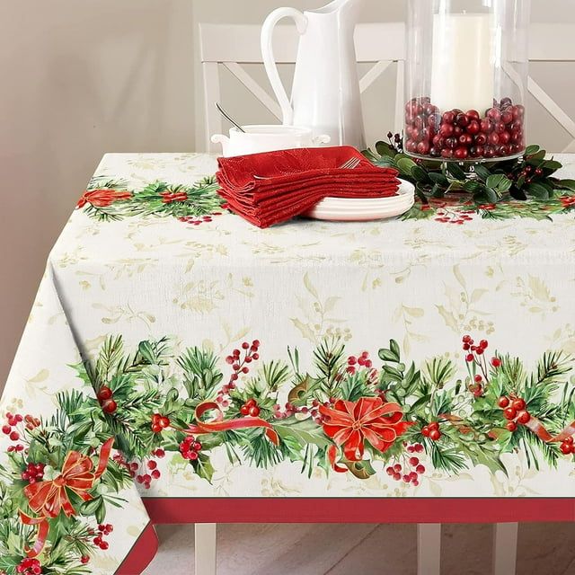 Christmas Holly Poinsettia Print Tablecloth Waterproof Berry Red Ribbon Rectangle Holiday Table Cloth for Dining Room,60×84 inch
