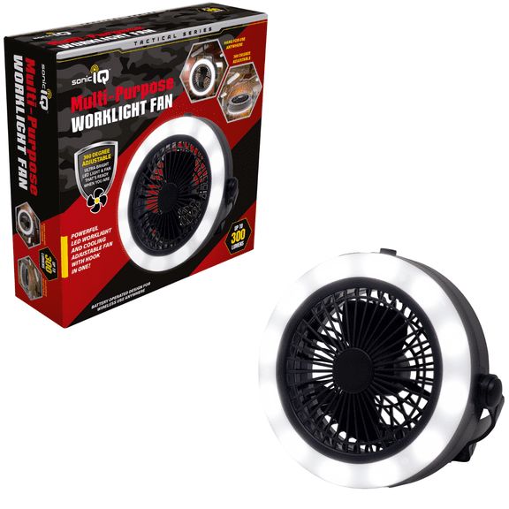Multi Purpose Work light Fan, Battery Powered Camping with 360 Degree Adjustable LED Light, up to 300 Lumens, Portable Outdoor Fan for home, garage, patio
