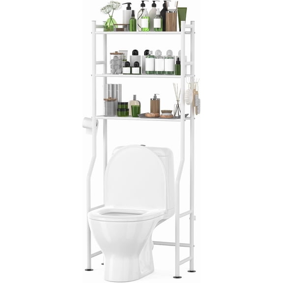 3-Tier Over The Toilet Storage with Paper Holder, Metal Bathroom Organizers and Storage for Small Space, Freestanding Bathroom Shelves with 4 Hooks, Above The Toilet Storage Shelf, White