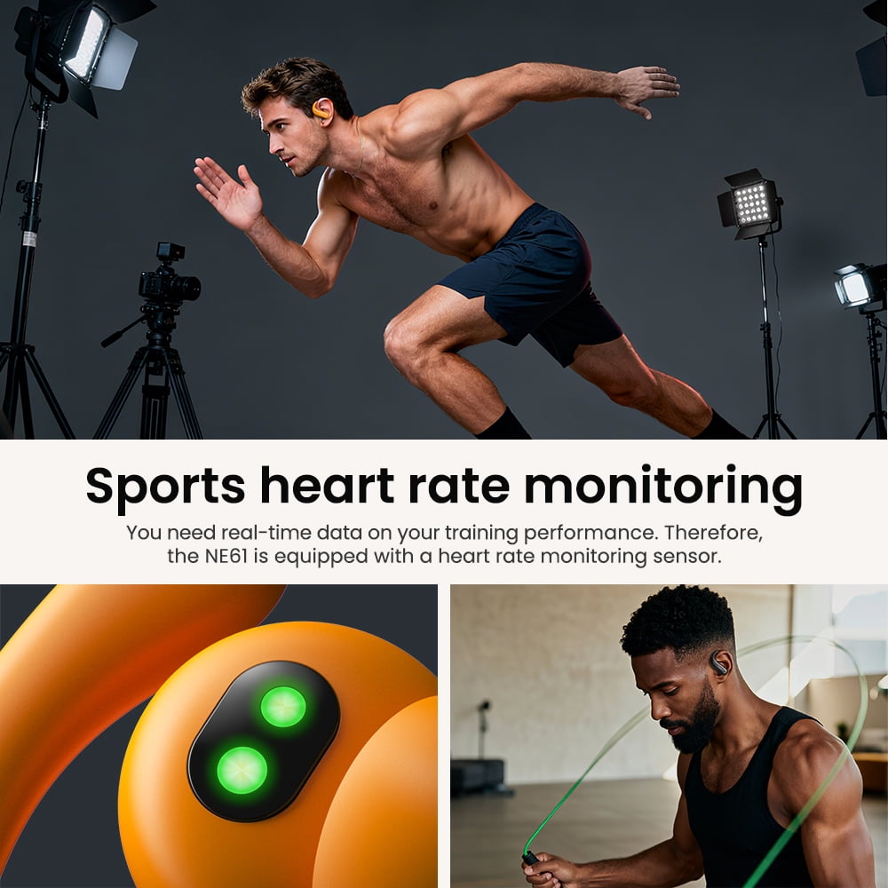 HTC NE61 Heart Rate Wireless Bluetooth 6.0 Open in-Ear Earbuds, AI Translator, Noise-Cancelling Headphones, 130+ Languages,Orange