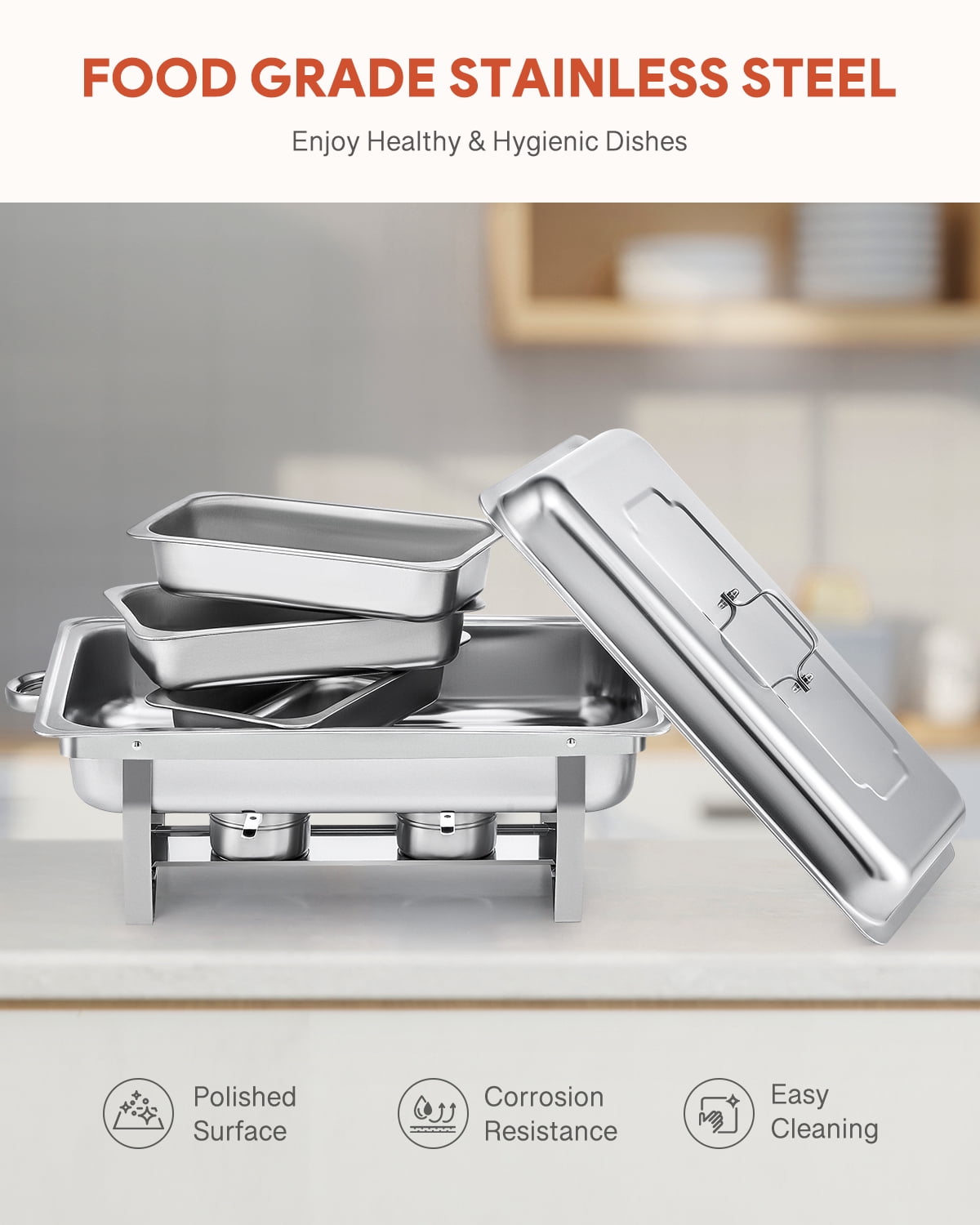 Wilprep 4-Pack Chafing Dish Buffet Set, 8Qt Stainless Steel Foldable Catering Food Warmer 1/3 Size Food Pan