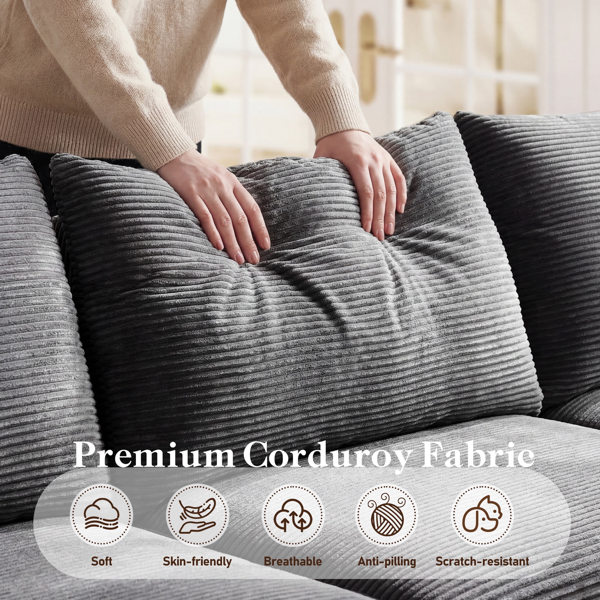 EnHomee Modular L-Shaped Couch for Livingroom Convertible Cloud Sofa  Boneless Sectional  Couch for Home, Grey(Corduroy)