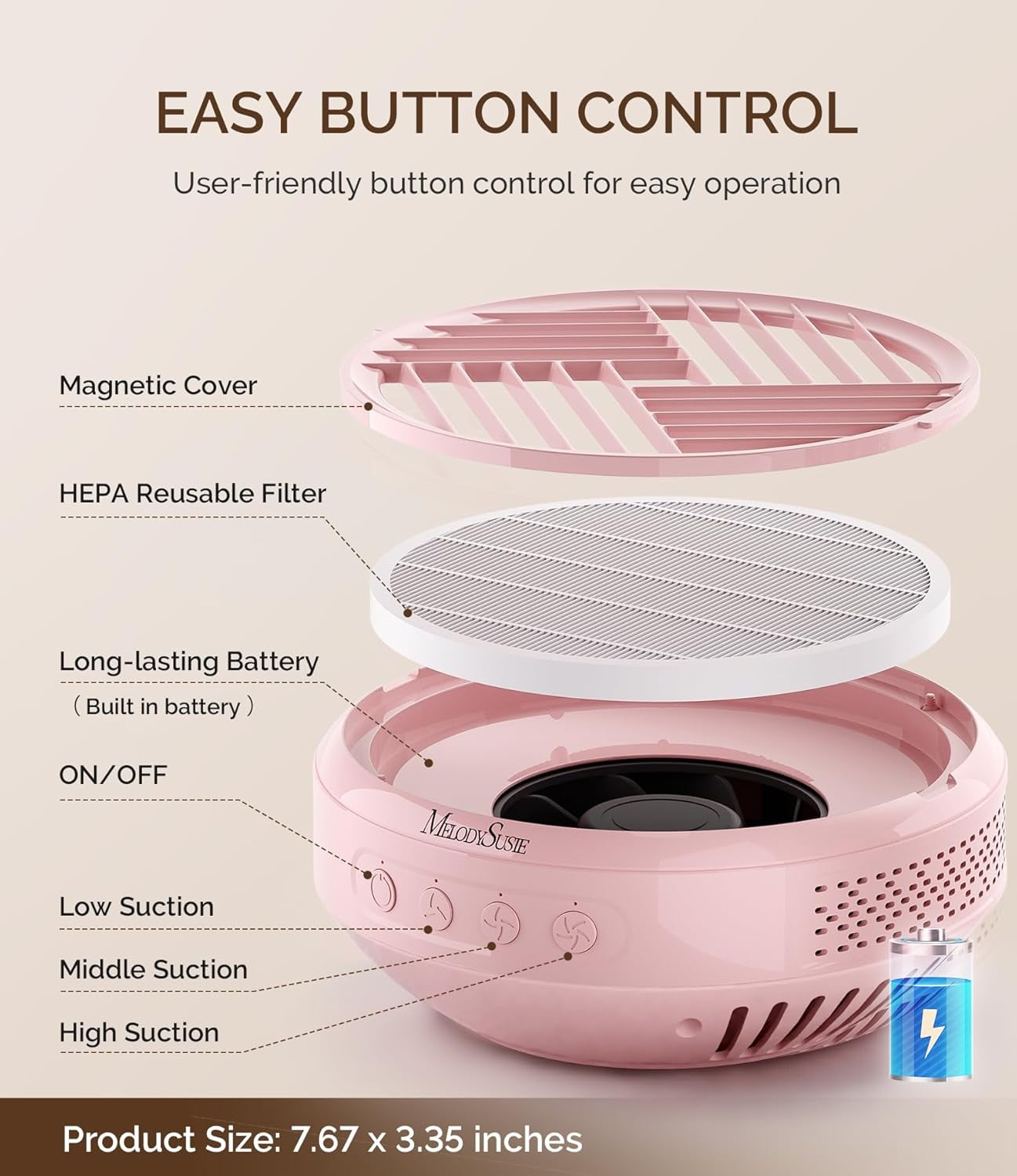 MelodySusie Cordless Rechargeable Nail Dust Collector, SProR Compact Vacuum Fan with Reusable Filter, Powerful Dust Suction Machine for Acrylic Gel Polish, Pink