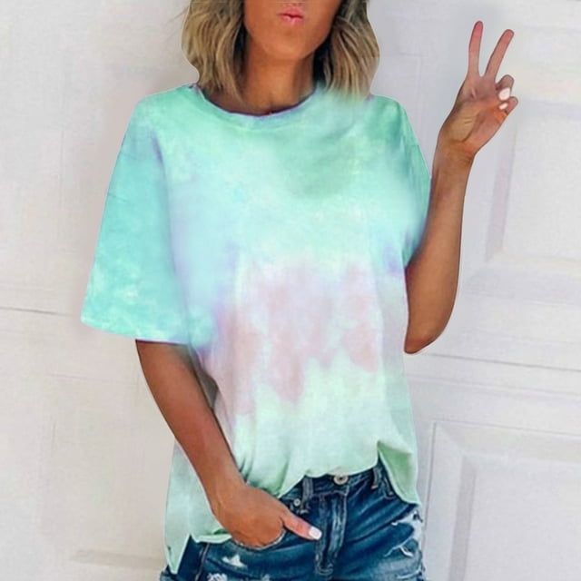 T-Shirts pour Femmes, Mode Femmes Nouveau Style T-Shirts à Dégradé de Couleurs Coupe Ample Col Rond Manches Courtes Blouses Hauts Décontractés pour Dames
